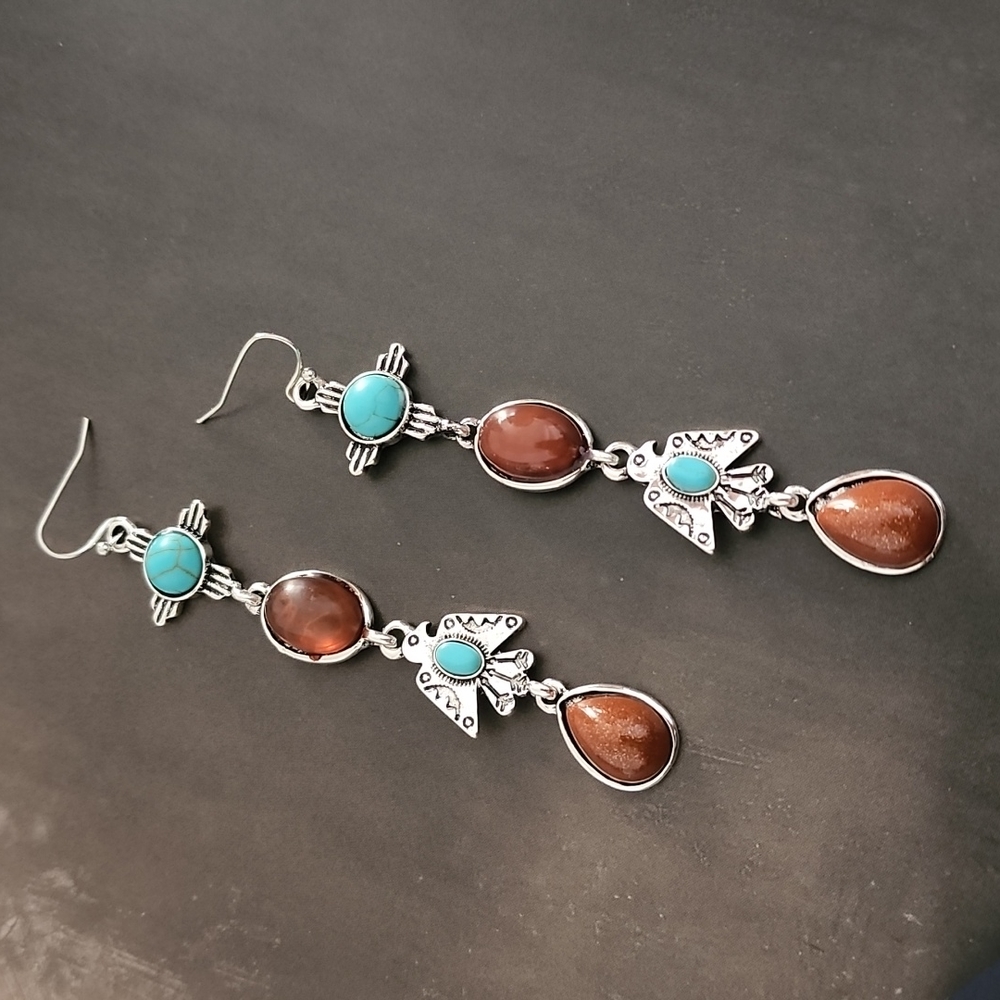 VINTAGE Turquoise Totem Dangle Earrings Boho Tribal Inspired Copper Goldstone - Picture 11 of 13